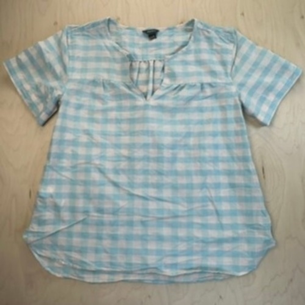 Eddie Bauer‎ Womens Top Size M Blue White Gingham Short Sleeve Keyhole